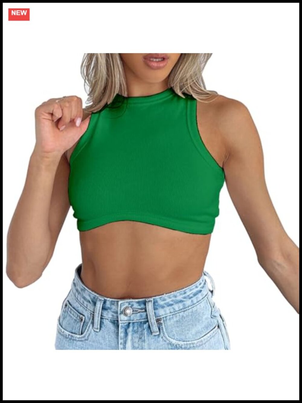 Sleeveless Ribbed Knit Crop Top Racerback Crew Neck Fitted Tank